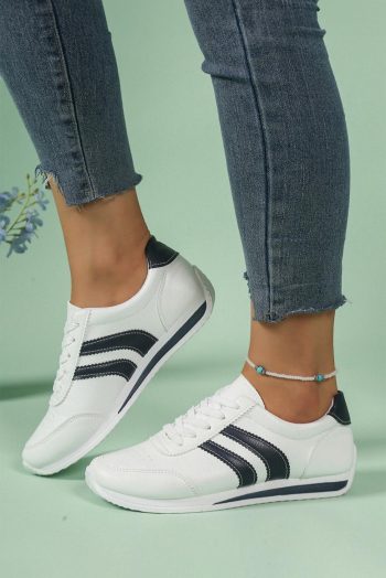 Baskets Décontractées à Lacets En Cuir Pu Blanc à Rayures | Femme Sneakers